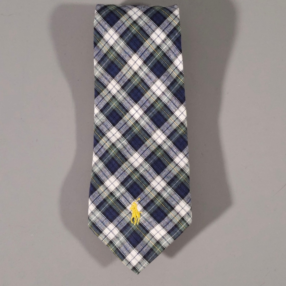 Polo Ralph Lauren Tie Mens OS Blue Green Plaid Cotton Pony Logo USA Made